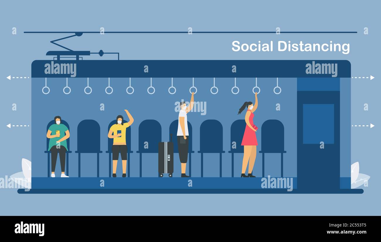 Menschen, die soziale Distanzierung im öffentlichen Verkehr, vor dem Betreten von Geschäften, in Kunstgalerie und an verschiedenen öffentlichen Orten zu stoppen Verbreitung covid19. Stock Vektor