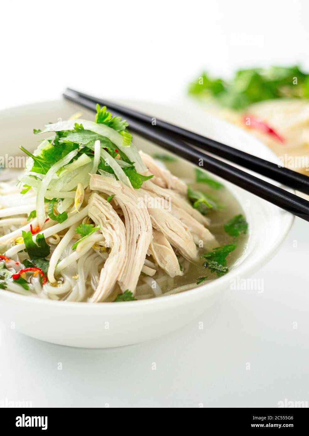 Vietnamesische Pho Suppe Gericht Portrait Ansicht. Diese Pho-Suppe ist ein klassisches, authentisches vietnamesisches Essen und wird in einer weißen Schüssel mit Hühnerbrühe und viel Frust serviert Stockfoto