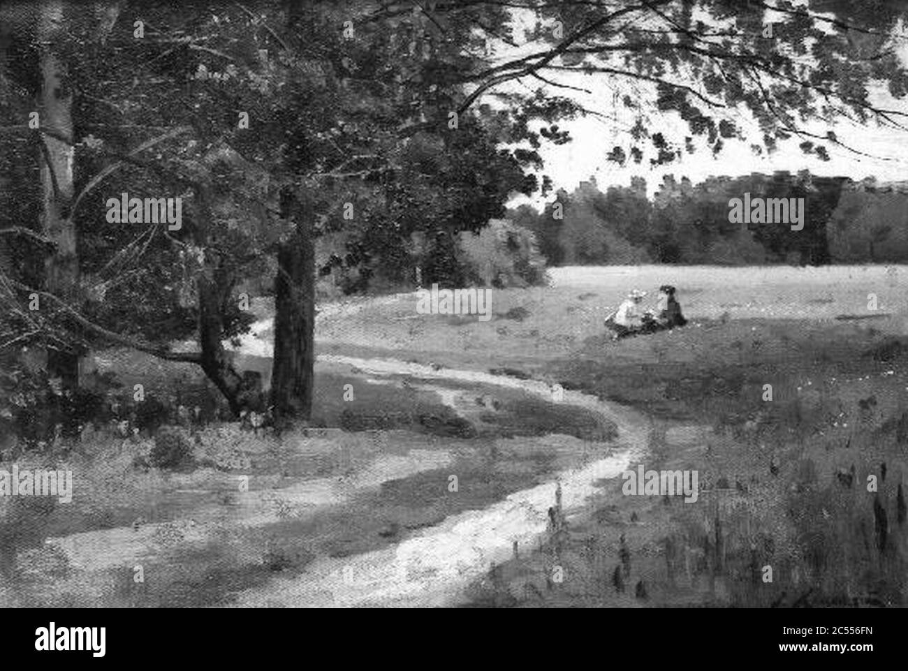 Iosif Jevstafjevic Krackovskij 1854-1914 - Letni krajina s cestou a figuraalni stafazi. Stockfoto