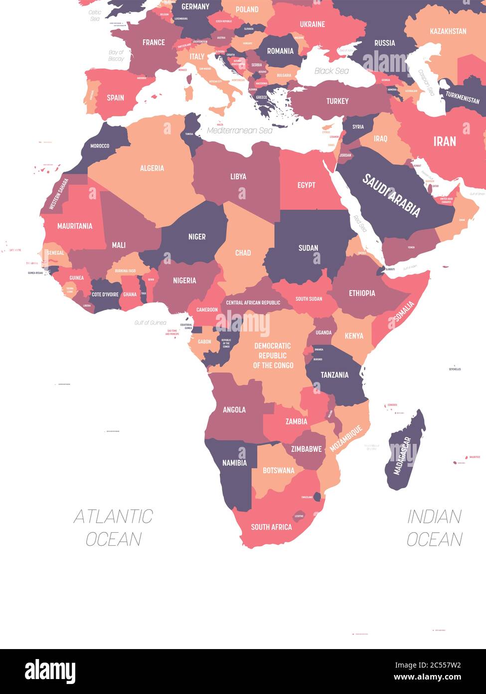 Afrika-Karte. Hoch detaillierte politische Karte des afrikanischen Kontinents mit Land-, Meer- und Meeresnamen Kennzeichnung. Stock Vektor