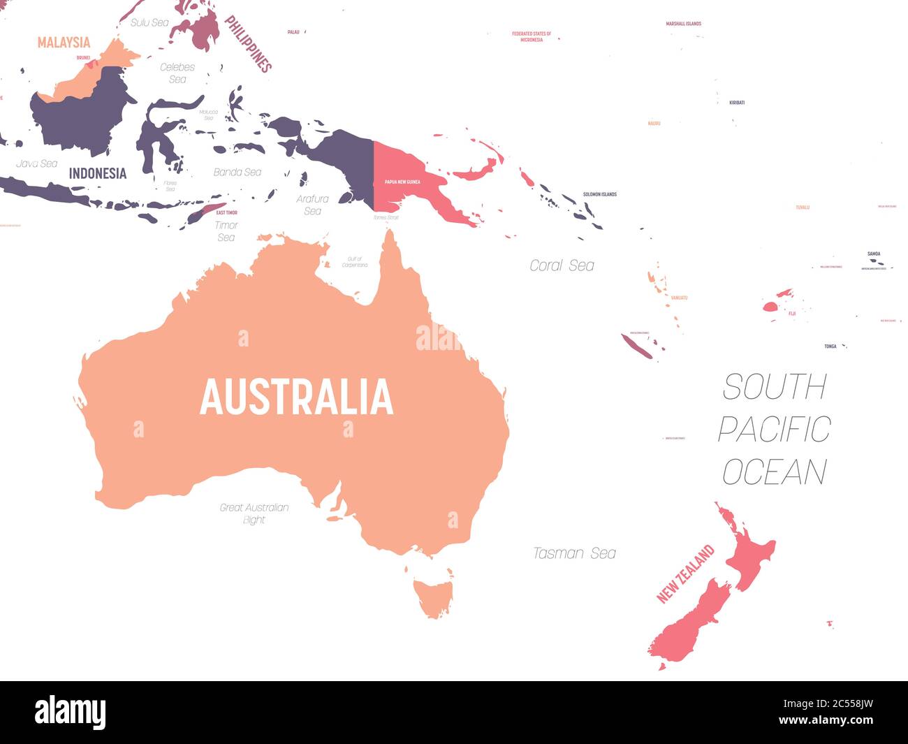 Karte Australien und Ozeanien. Hoch detaillierte politische Karte der australischen und pazifischen Region mit Land-, Meer- und Meeresnamen Kennzeichnung. Stock Vektor