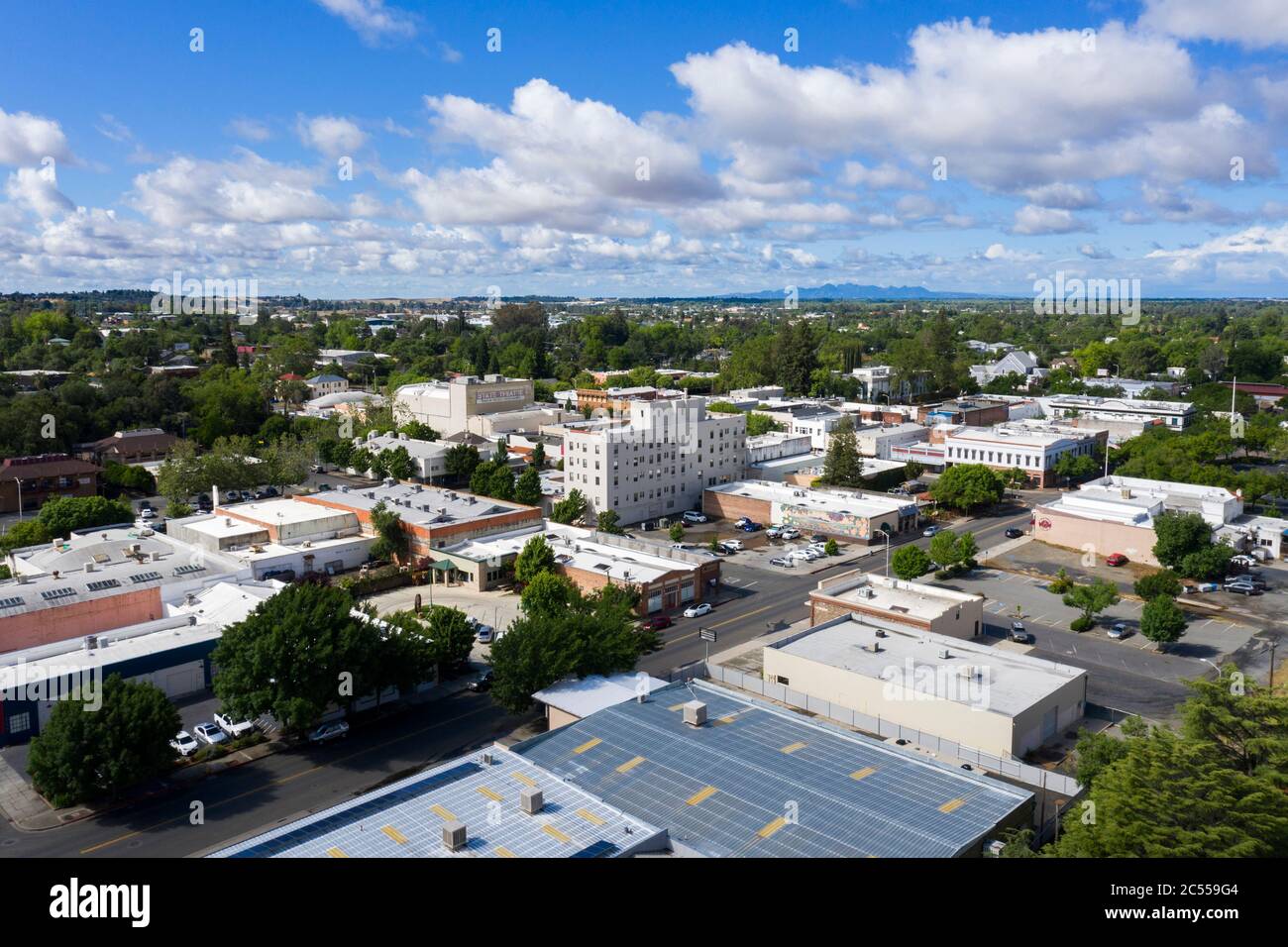 Luftaufnahme über der Innenstadt von Oroville, Kalifornien Stockfoto