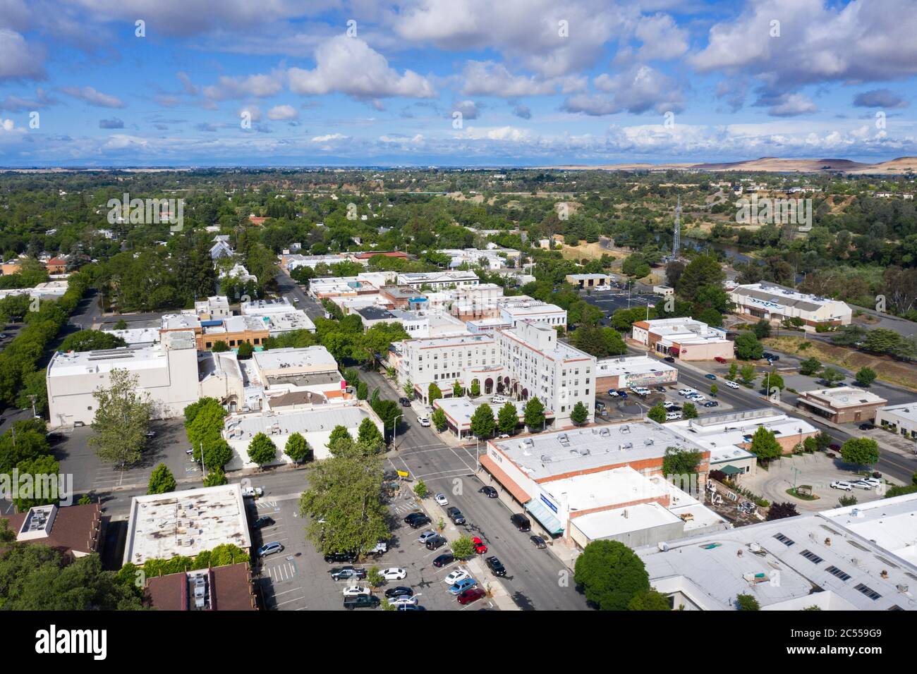 Luftaufnahme über der Innenstadt von Oroville, Kalifornien Stockfoto