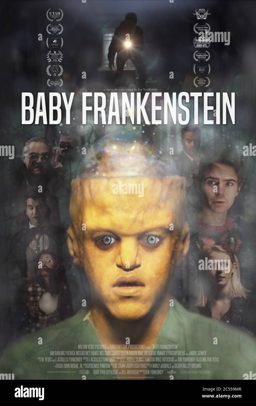 BABY FRANKENSTEIN, US-Poster, links von oben: Patrick McCartney, Mike Rutkoski, Eileen Rosen; Mitte: Rance Nix; rechts von oben: Andre Gower, Ian Barling, Cora Savage, 2018. © Wild Eye Releasing / Courtesy Everett Collection Stockfoto