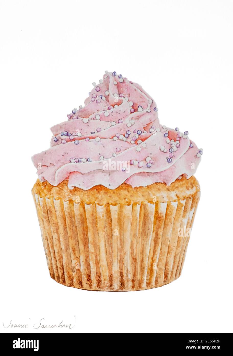 Aquarell-Malerei Illustration einer Tasse Kuchen mit rosa Vereisung und Streuseln. Stockfoto