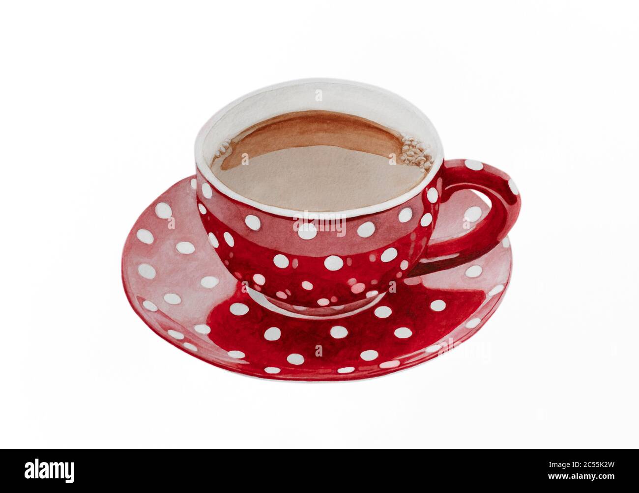 Aquarell Illustration einer Tasse Kaffee in einer rot gepunkteten Tasse Stockfoto