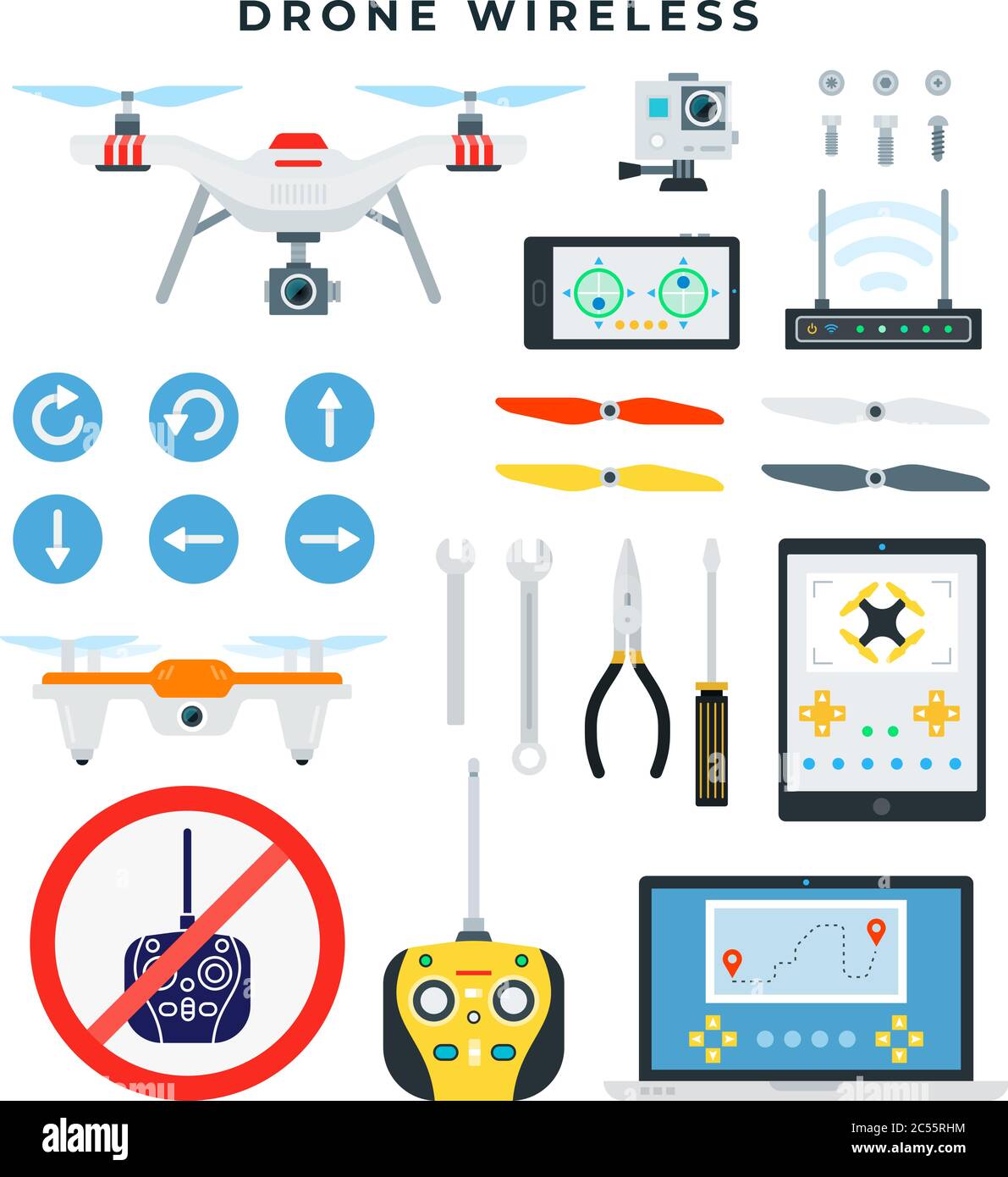 Drohne mit drahtloser Steuerung. Quadcopter und alle notwendigen Zubehörteile und Werkzeuge für die Montage und Reparatur. Details zur Drohne. Flache Vektorgrafik. Stock Vektor