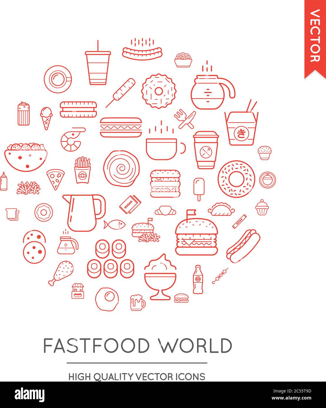 Vektor-Set von Fast Food Modern Flat Thin Icons in Runde Form eingeschrieben Stock Vektor