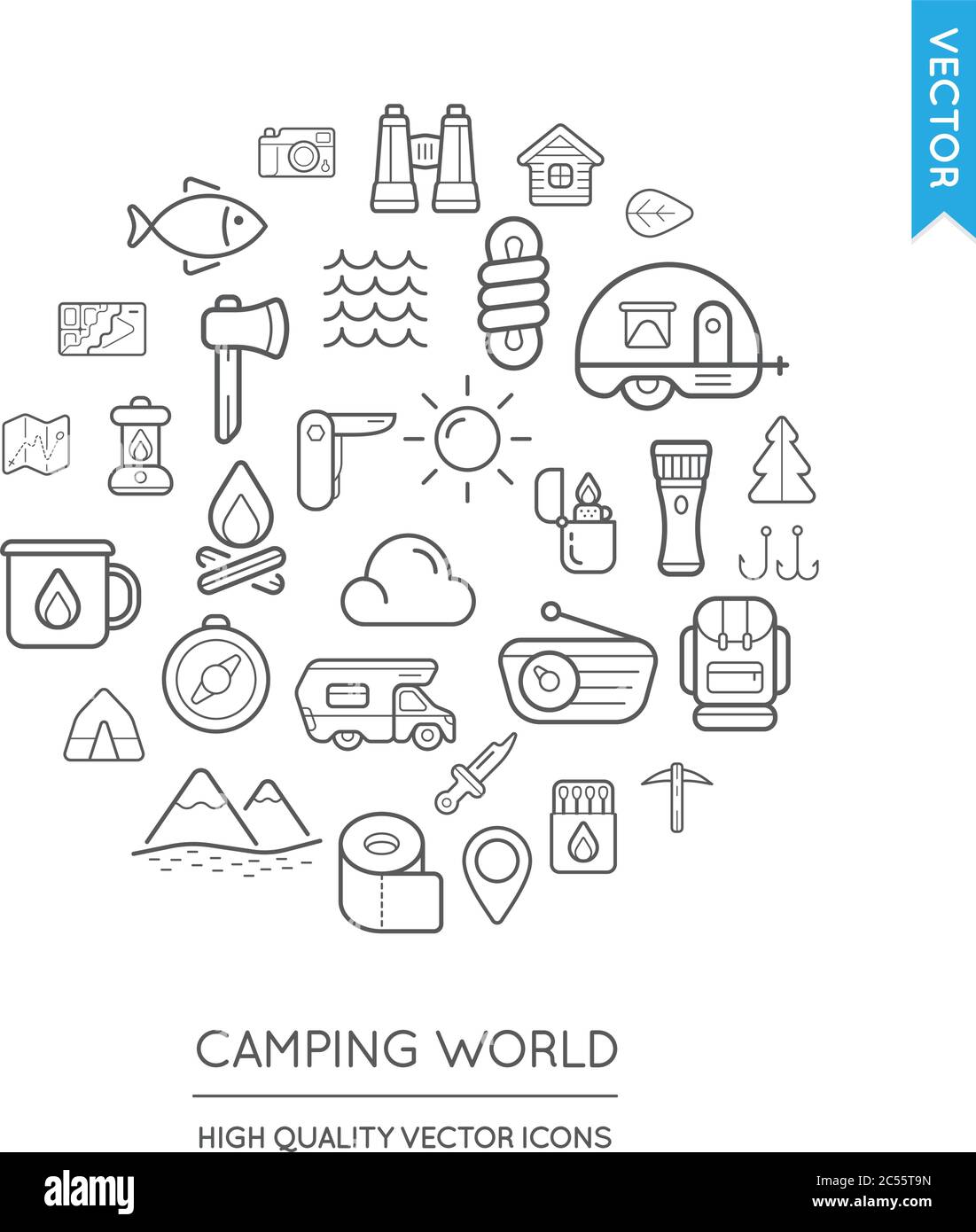 Vektor-Set von Camping Modern Flat Thin Icons in Runde Form eingeschrieben Stock Vektor