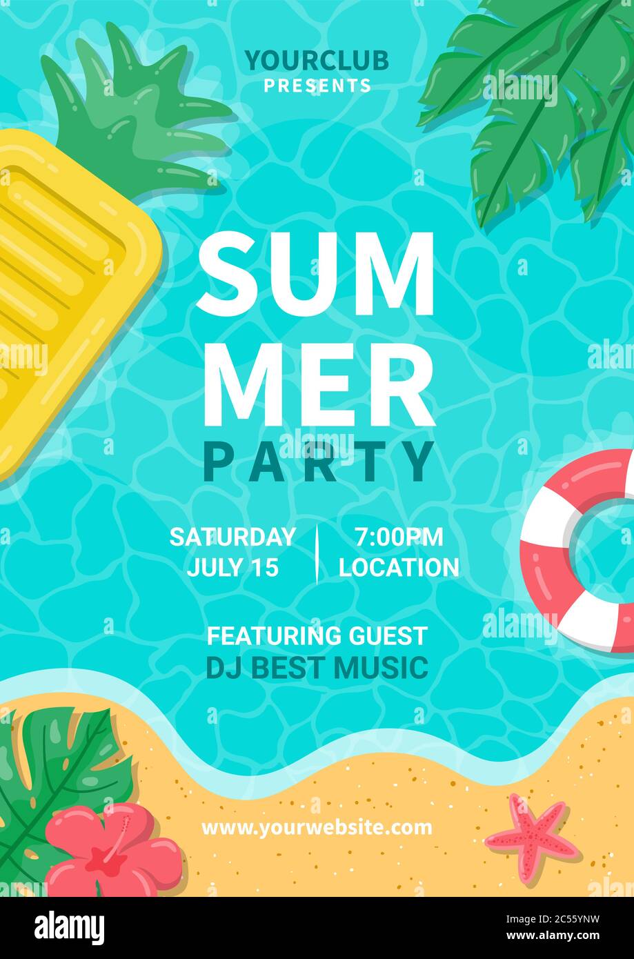 Poster für Sommerparty. Sommer Strand Party Flyer Design mit typografischen Elementen auf Meer Landschaft Hintergrund. Stock Vektor