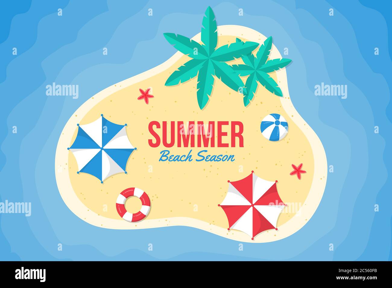 Sommer Hintergrund flach Design. Sommer Hintergrund am Strand mit Sonnenschirmen, Strandbällen, Seesterne und tropischen Blättern. Stock Vektor