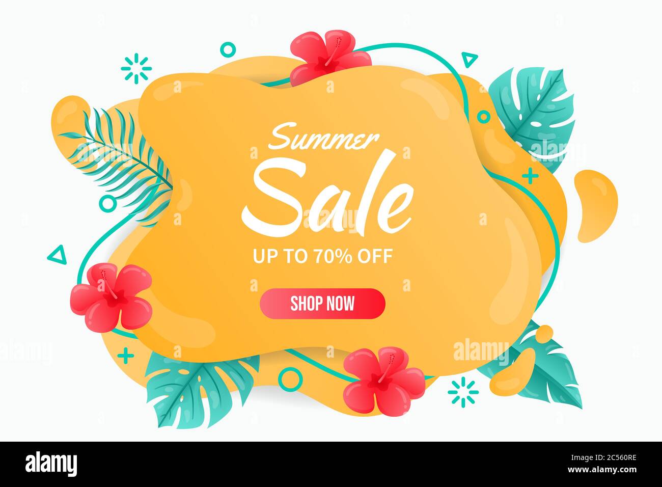 Schöne Sommer Verkauf Hintergrund. Sommer Banner Vorlage Sommer abstrakt geometrischen Hintergrund mit tropischen Blättern und Blumen. Stock Vektor