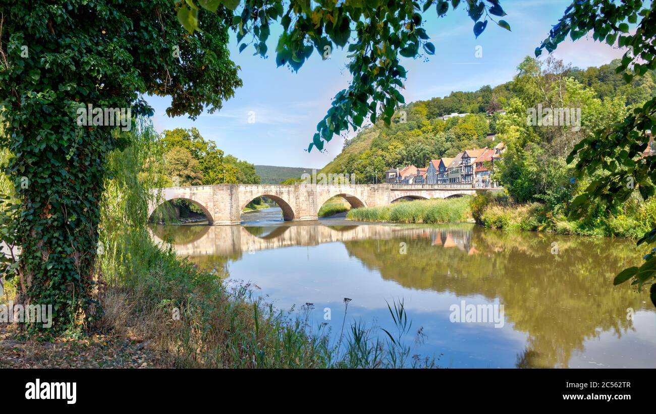 Werra, Fluss, Altstadt, alte Werra-Brücke, Hann. Münden, Niedersachsen, Deutschland, Europa Stockfoto