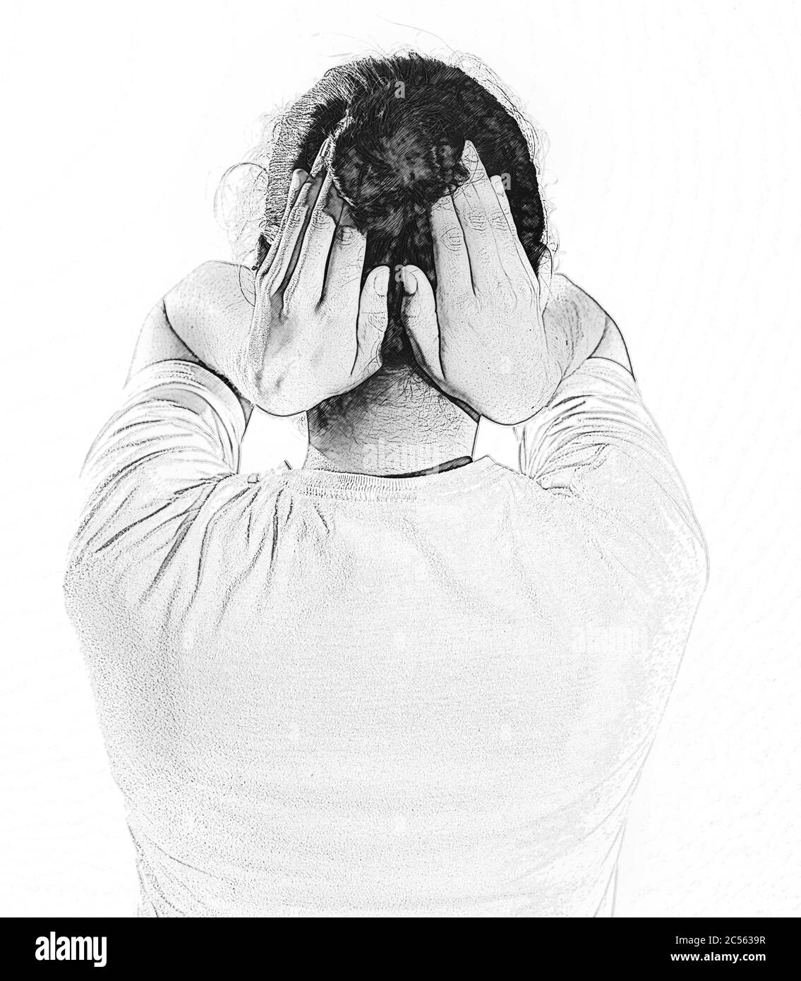 Abbildung zeigt die Selbstanwendung der japanischen Technik zur Stressreduktion Reiki Stockfoto