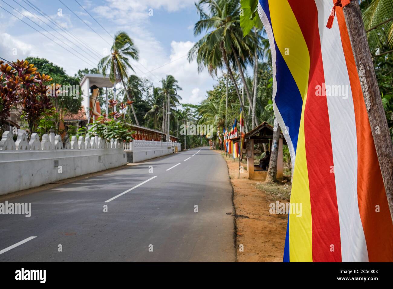 Eine leere Straße führt vorbei an buddhistischen Tempeln und Palmen, Sri Lanka Stockfoto