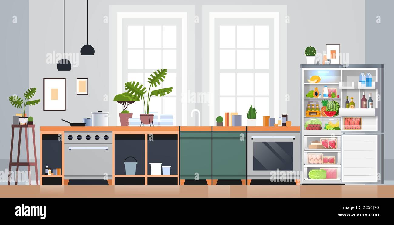Moderne Küche Innenraum leer niemand Wohnung mit offenem Kühlschrank voll von frischen Lebensmitteln Haushaltsgeräte Konzept horizontale horizontale Vektor-Illustration Stock Vektor