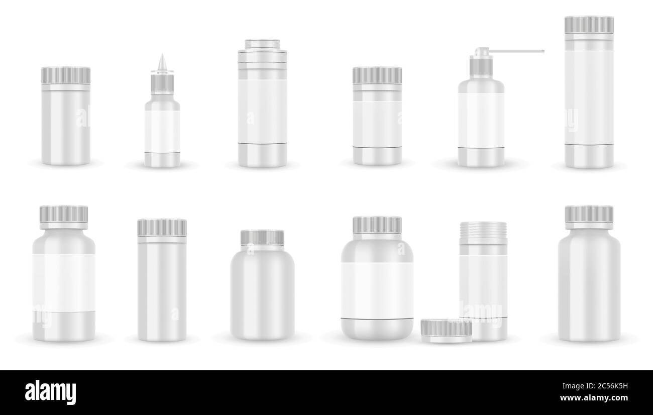 Weiß blank Flaschenverpackung für Tabletten oder Kapseln isoliert. Pharmazeutische medizinische Behälter und Plastikflasche mockup. Vektorgrafik Stock Vektor