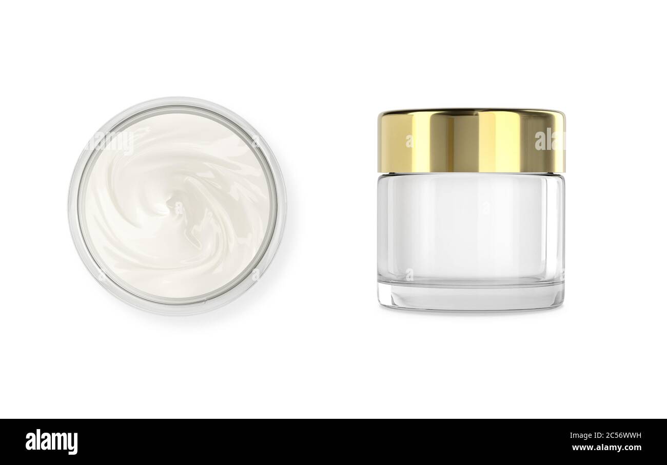 Kosmetikdose, Topf Glasbehälter mit Körper, Gesichtscreme. Realistische Verpackung Mockup Schablone mit Goldkappe. Isoliert auf Weiß. 3D-Rendering Stockfoto