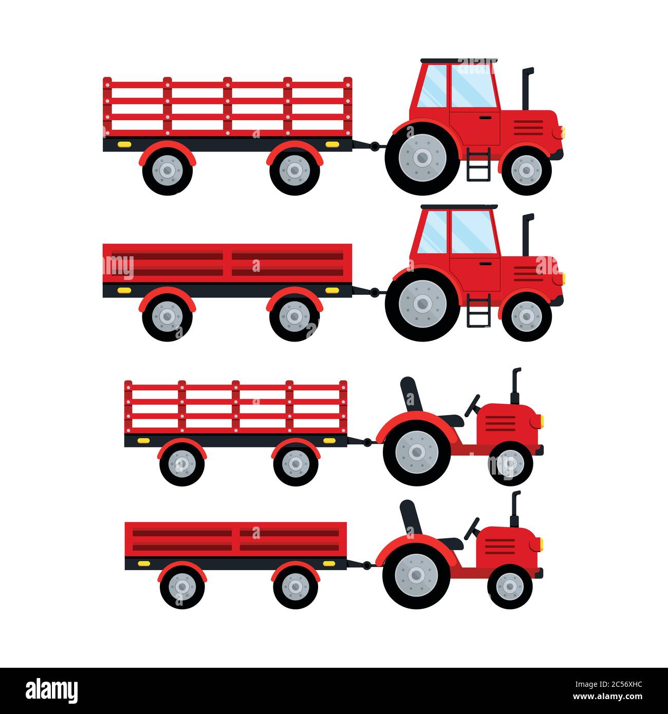 Roter Traktor mit offenem Anhänger Icon Set Isolatet auf weißem Hintergrund. Stock Vektor