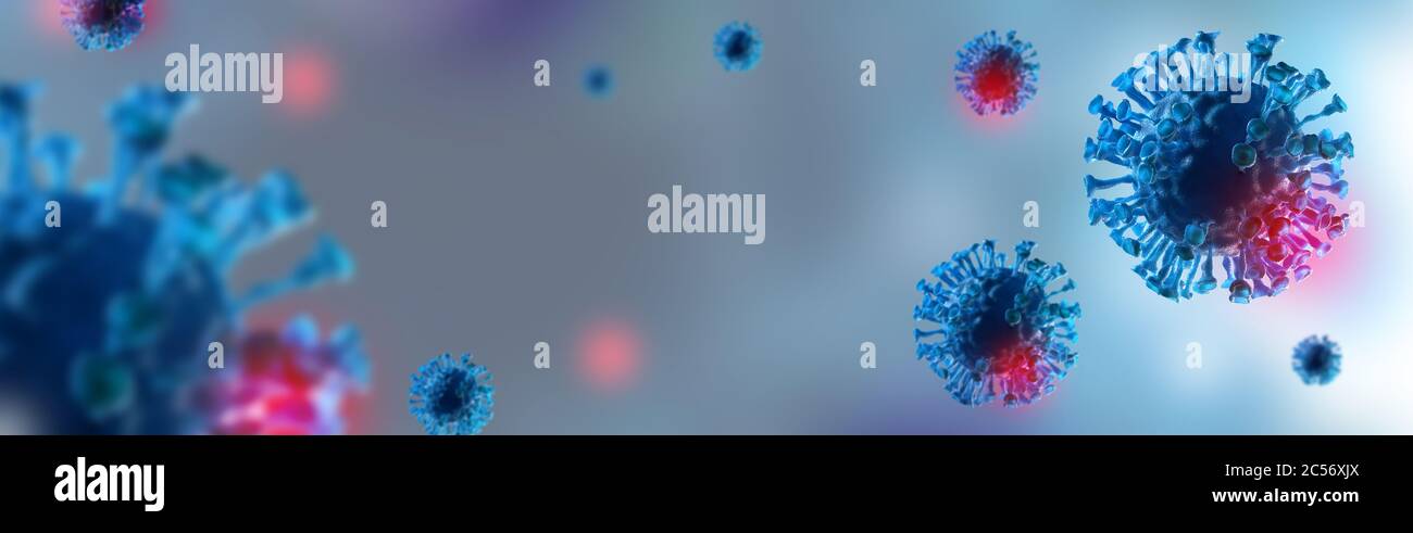 Coronavirus-Pandemie. Virus Covid 19-NCP. Mikrobiologie Und Virologie . Panorama Hintergrund. Konzept. 3D-Rendering. Stockfoto