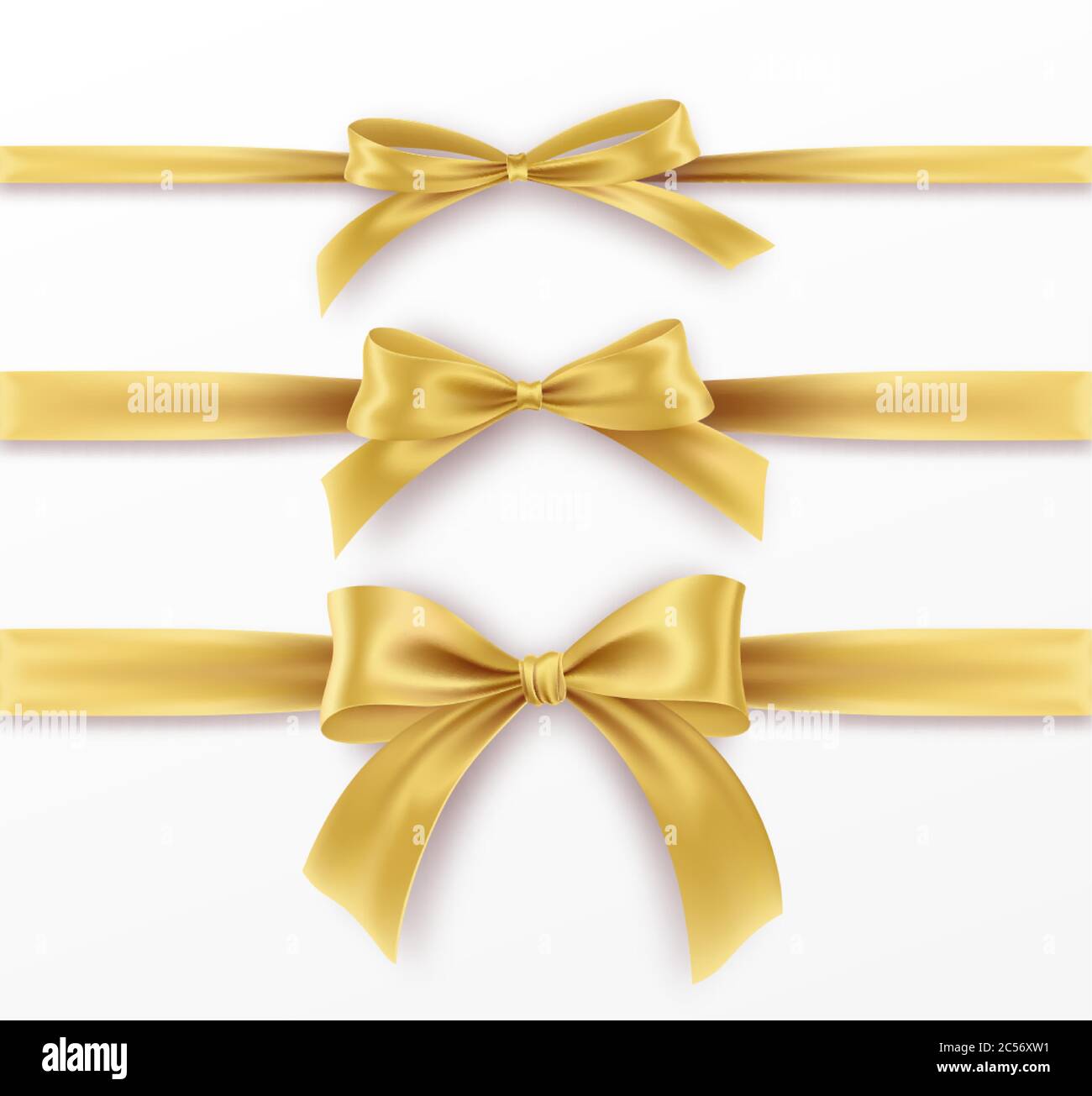 Setzen Sie goldene Schleife und Band auf weißem Hintergrund. Realistische Goldschleife für Dekorationsdesign Feiertagsrahmen, Bordüre. Vektorgrafik Stock Vektor