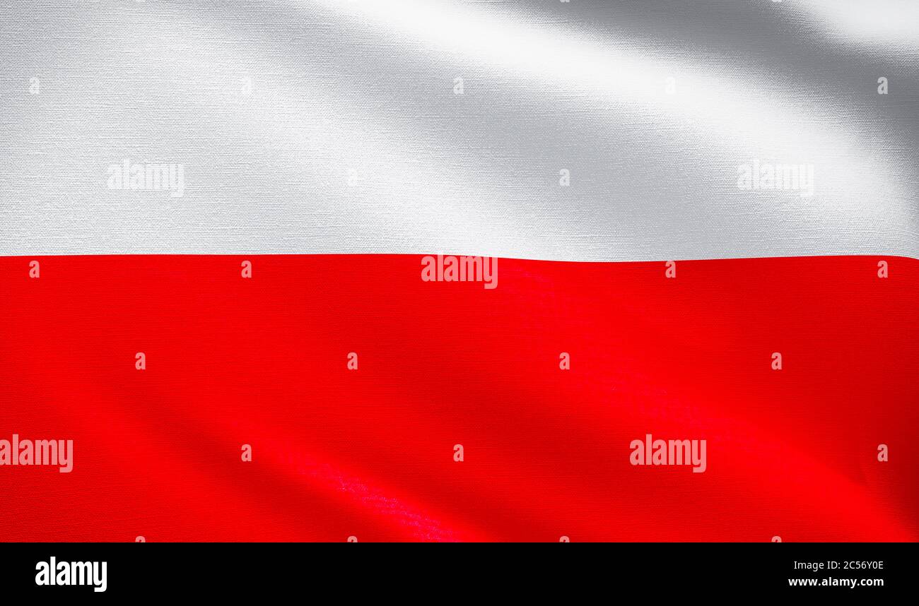 Polnische Flagge aus Stoff. Polen Banner Hintergrund. 3d-Rendering. Hochauflösendes patriotisches Symbol. Stockfoto