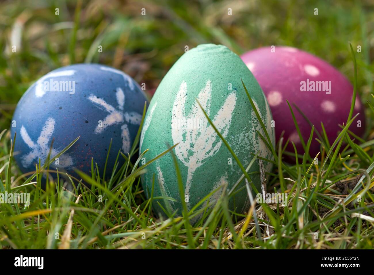 Nest von Naturfarben Ostereier im Garten Stockfoto