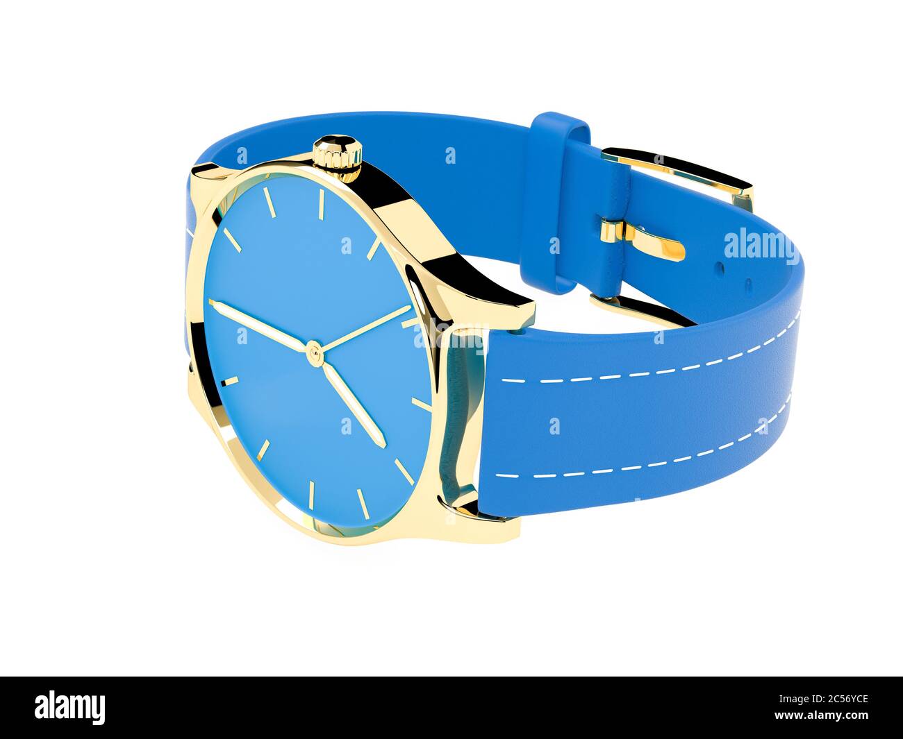 Armbanduhr. Blaues Zifferblatt mit goldenen und blauen Leder Armband Stockfoto