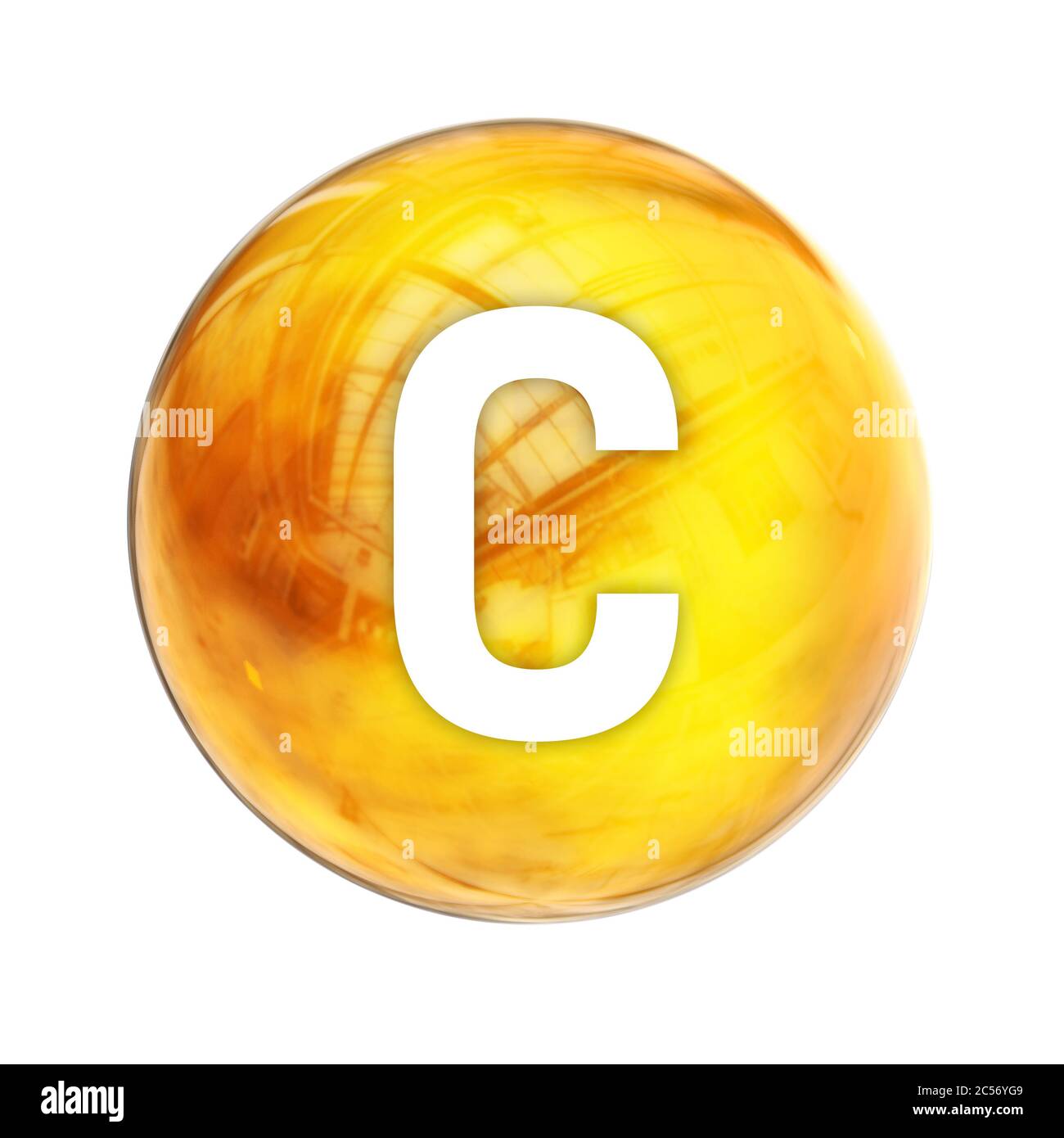 Vitamin C-Kugelmolekül für medizinische Pharmazie. Leuchtendes Symbol von Vitamin C. Ascorbinsäure. Vitamin-Symbol. 3D-Rendering Stockfoto