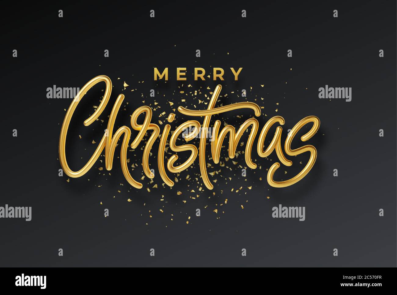 Golden glänzend realistische 3d Inschrift Merry Christmas isoliert auf schwarzem Hintergrund. Vektorgrafik Stock Vektor