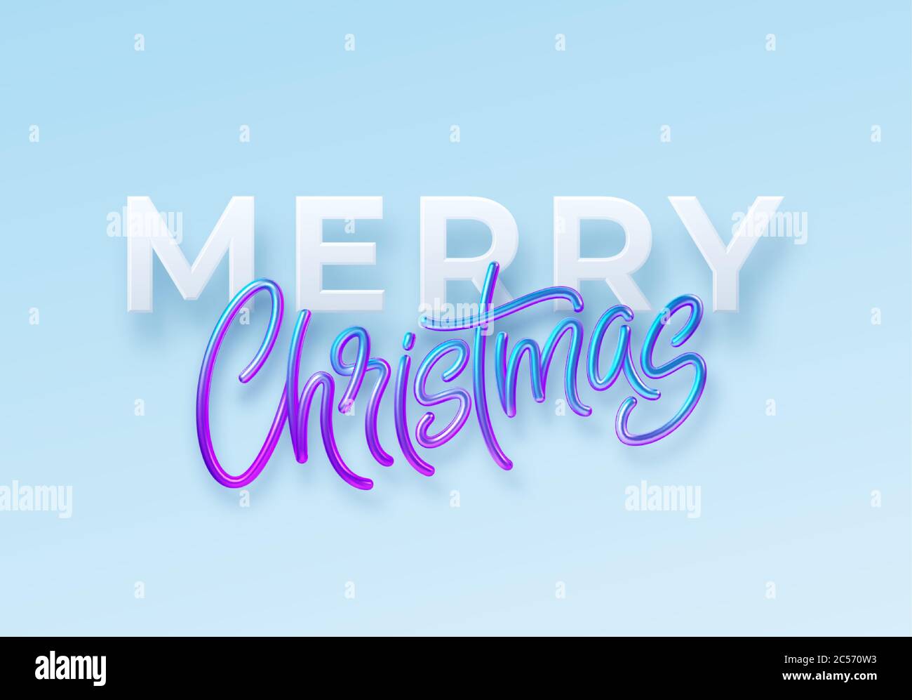 Realistische 3d Inschrift Frohe Weihnachten isoliert auf. Hologramm glänzend blau und rosa Schriftzug. Vektorgrafik Stock Vektor