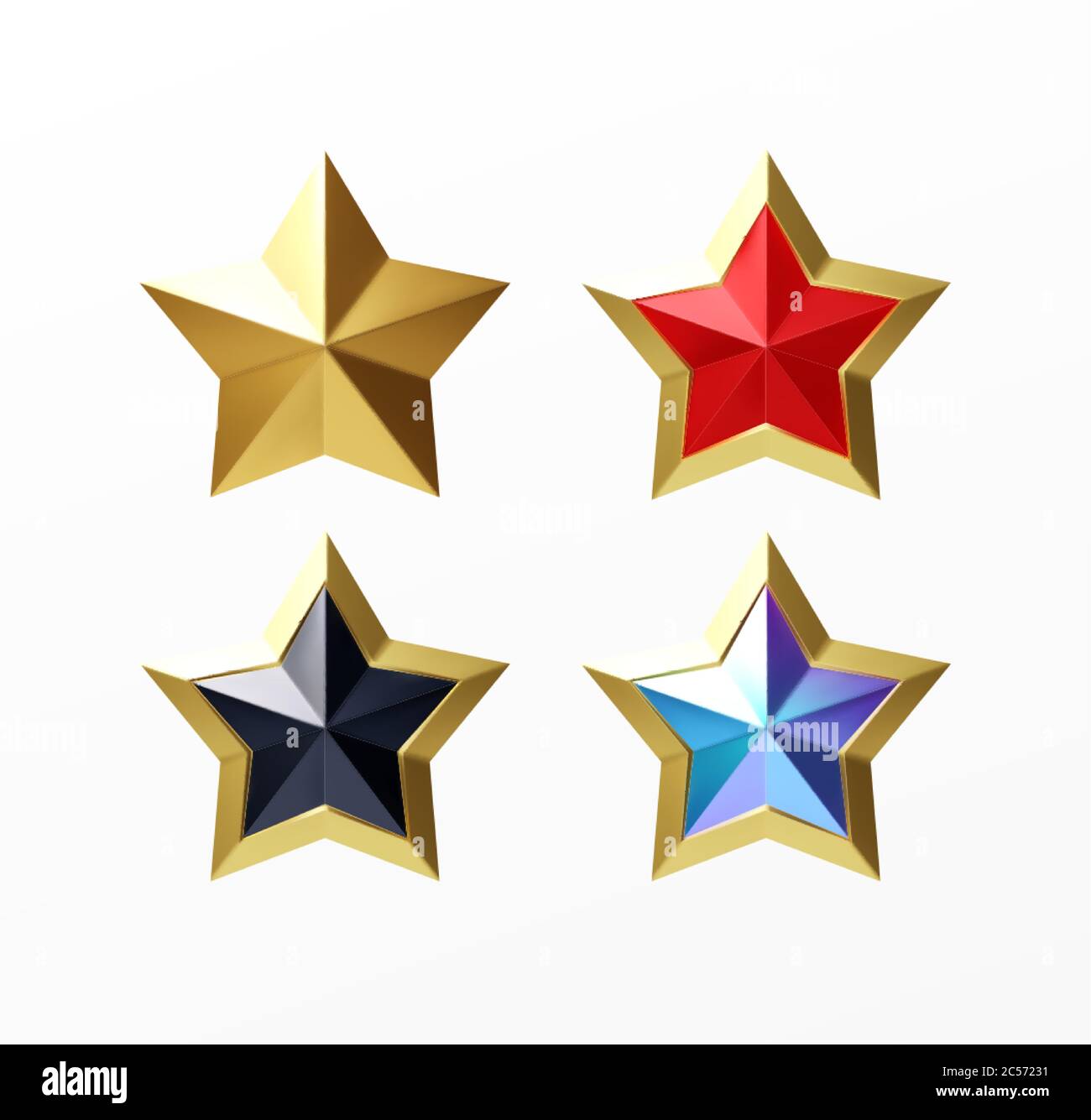 Set von goldenen realistischen Sternen rot auf weißem Hintergrund isoliert. Vektorgrafik Stock Vektor