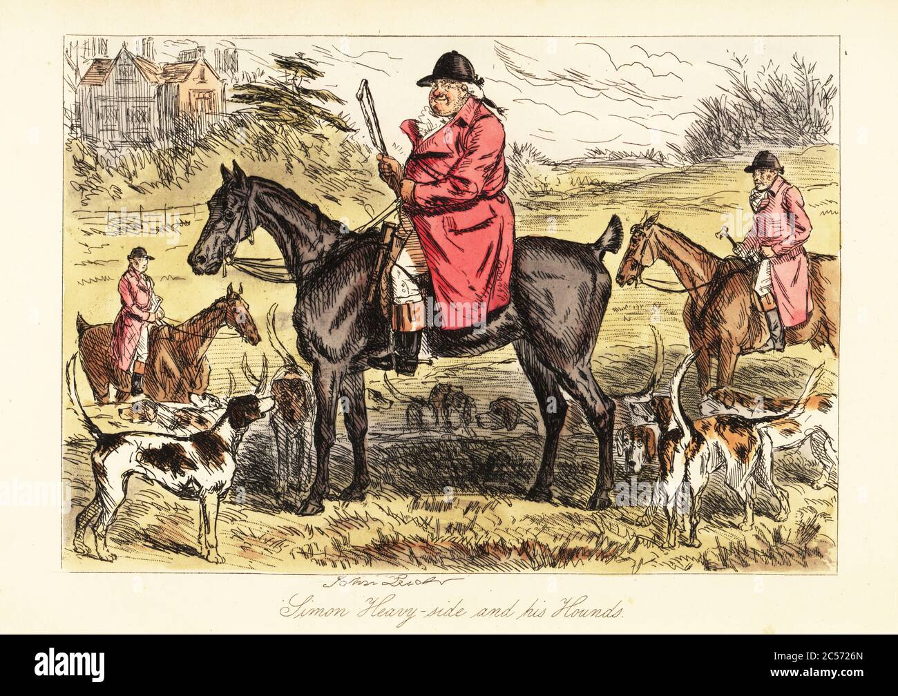 Englischer Jäger in Jagdpinken auf einem Pferd mit einem Rudel Fuchshunde sitzend, 19. Jahrhundert. Simon Heavy-Side und seine Hunde. Handkolorierter Stahlstich nach einer Illustration von John Leech aus Robert Smith Surtees’ Mr. Facey Romford’s Hounds, Bradbury, Evans and Co., London, 1865. Leech (1817-1864) war ein englischer Karikaturist und Illustrator, der vor allem für seine Arbeit für das Punch Magazin bekannt war. Stockfoto
