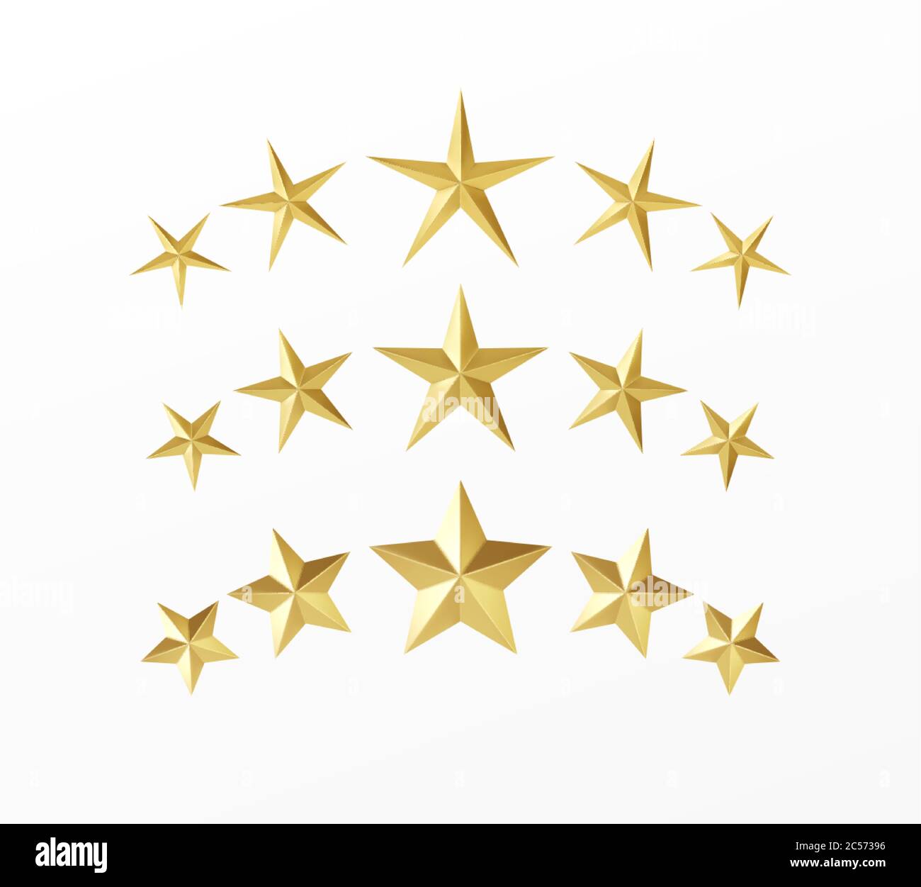 Set von goldenen realistischen Sternen mit verschiedenen Strahlen isoliert auf einem weißen Hintergrund. Vektorgrafik Stock Vektor