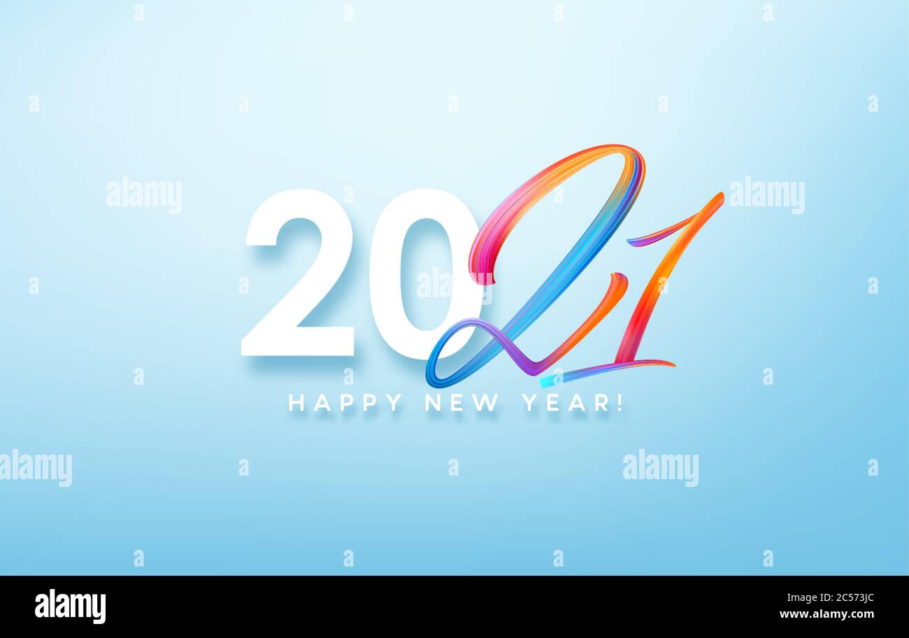Bunte Brushstroke Farbe Schriftzug Kalligraphie von 2021 Happy New Year Hintergrund. Vektorgrafik Stock Vektor