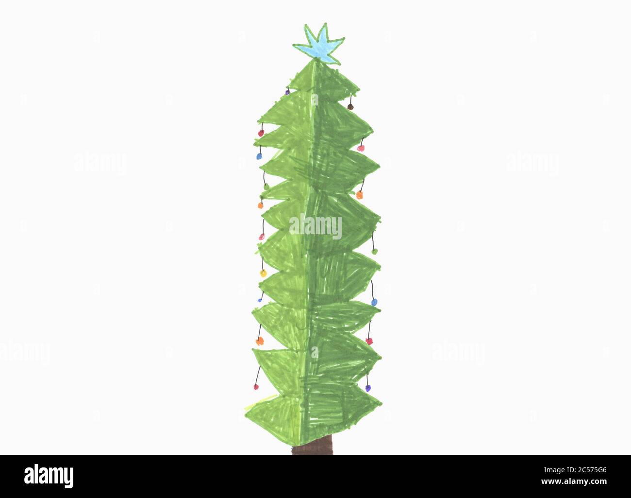 Childs Zeichnung geschmückt Weihnachtsbaum mit Stern auf weißem Hintergrund Stockfoto