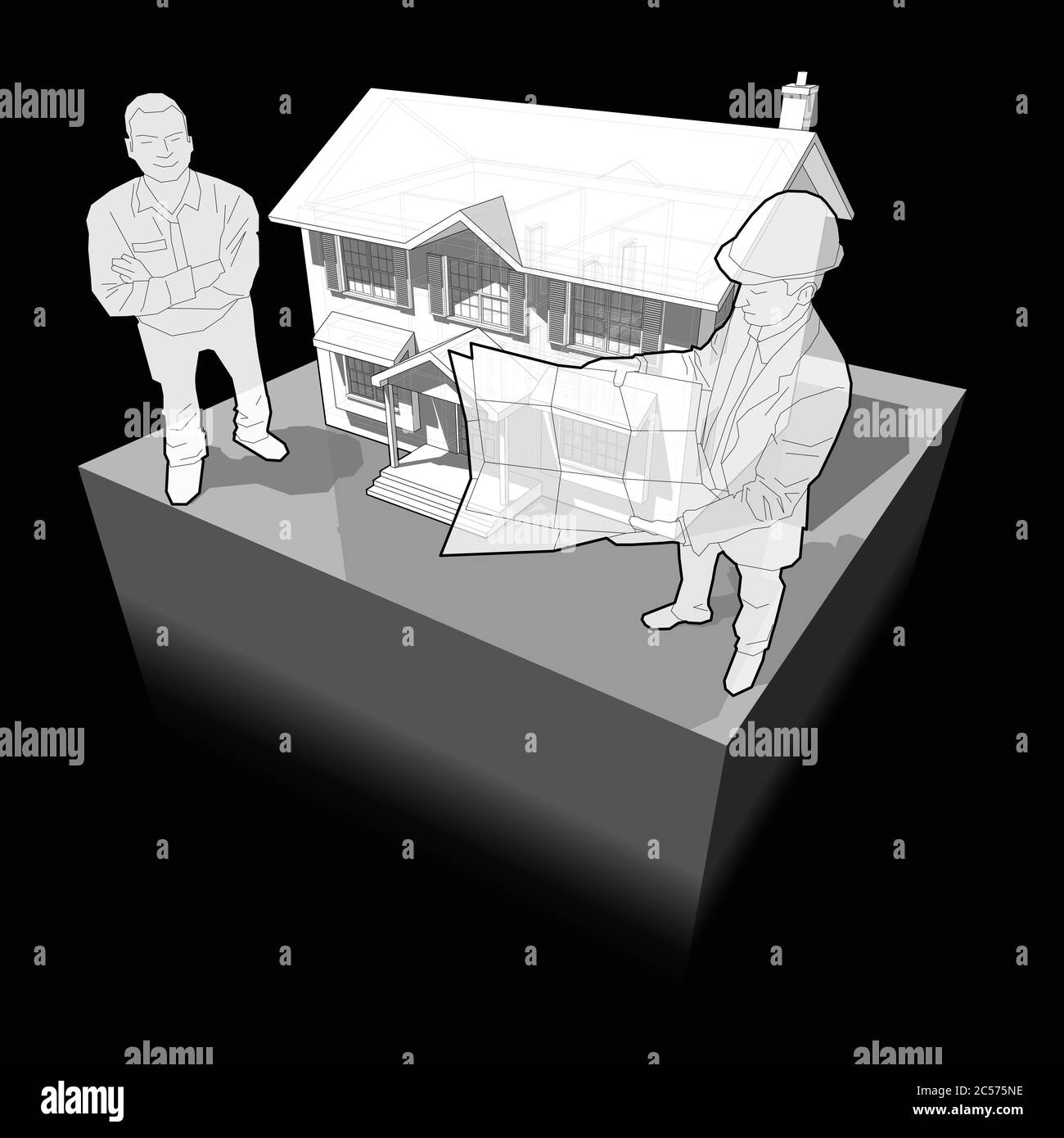 Diagramm eines klassischen Kolonialhauses und Architekten und glücklich lächelnden Mann vor ihm stehen Stock Vektor