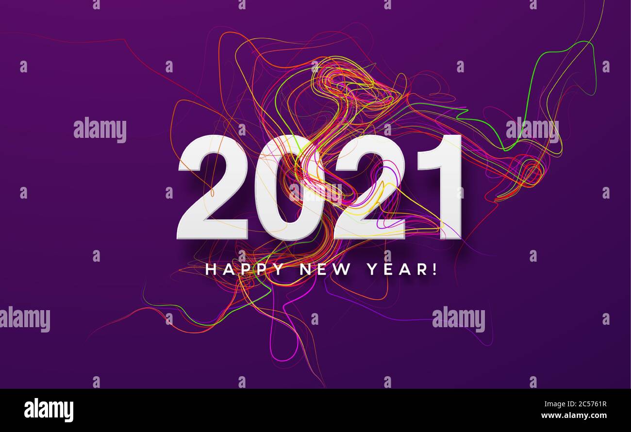 2021 weiße Inschrift auf dem violetten Hintergrund des roten Wellenrauchs. Vektorgrafik Stock Vektor
