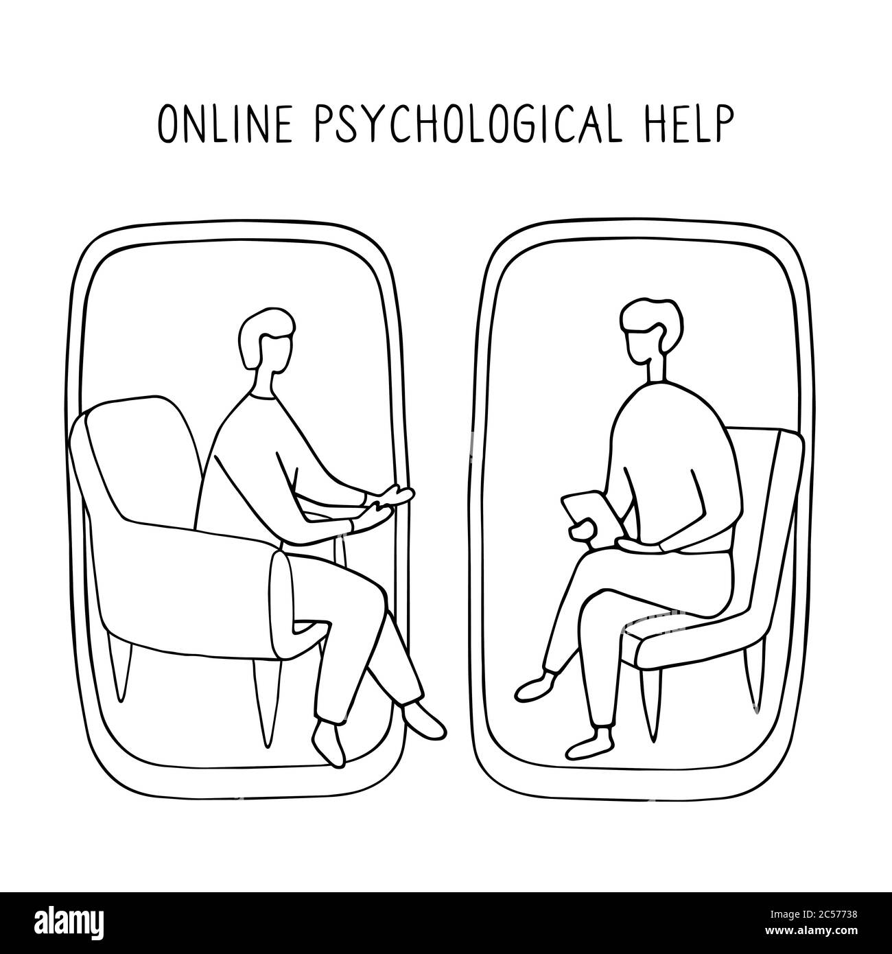 Mann bei der Psychologin Online-Sitzung. Arztberatung per Telefon. Videoanruf an Psychiater. Online-Psychotherapie. Handgezeichneter Vektor Stock Vektor