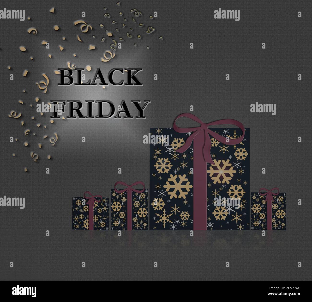 Stylische Black Friday Text- und Geschenkboxen mit Schleife auf dunklem Hintergrund. Abbildung. Platz kopieren, Banner. Stockfoto