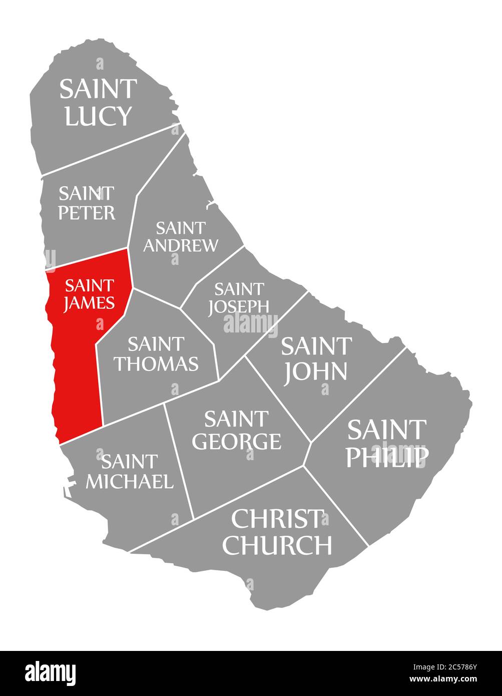 Saint James rot hervorgehoben in der Karte von Barbados Stockfoto