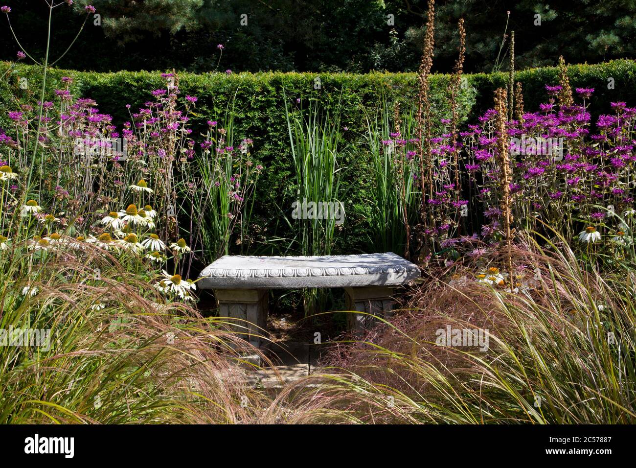 Steinsitz in englischer Gartengrenze Stockfoto