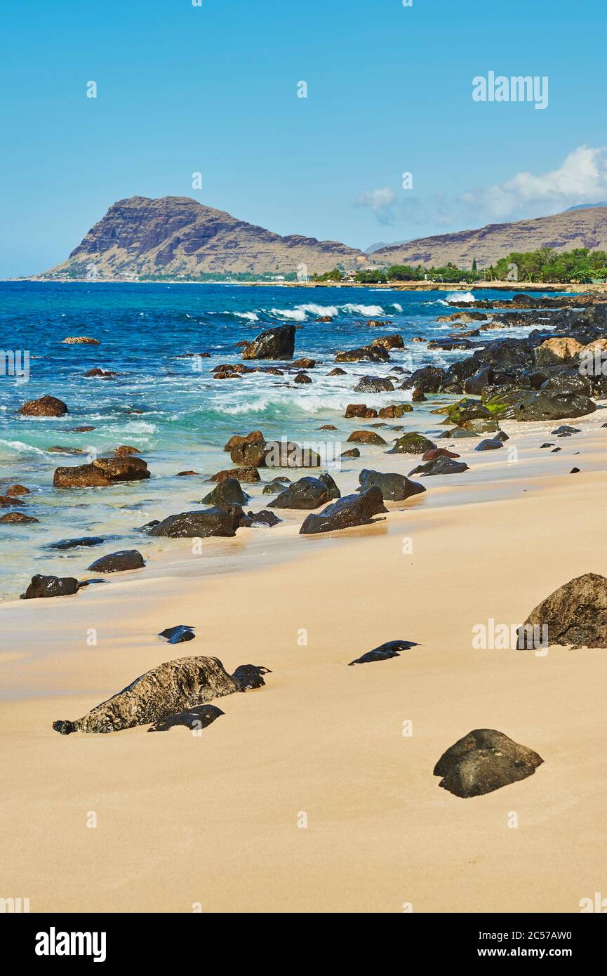 Strandlandschaft im Kahe Point Beach Park, Hawaiian Island of Oahu, Oahu, Hawaii, Aloha State, USA Stockfoto