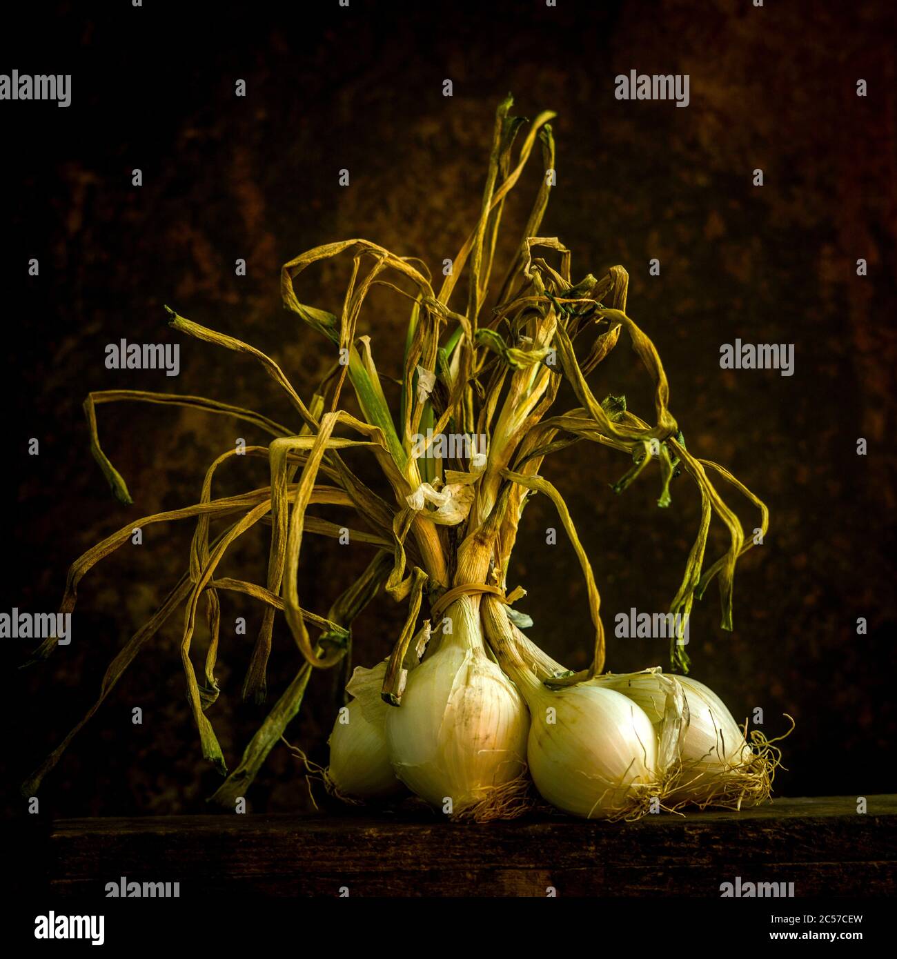 Nahaufnahme eines Bündels frischer Zwiebeln auf braunem Hintergrund Stockfoto