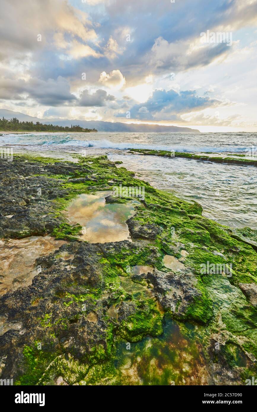 Sonnenuntergang am Strand auf Oahu, Nordküste, Oahu Island, Oahu, Hawaii, Aloha State, USA Stockfoto