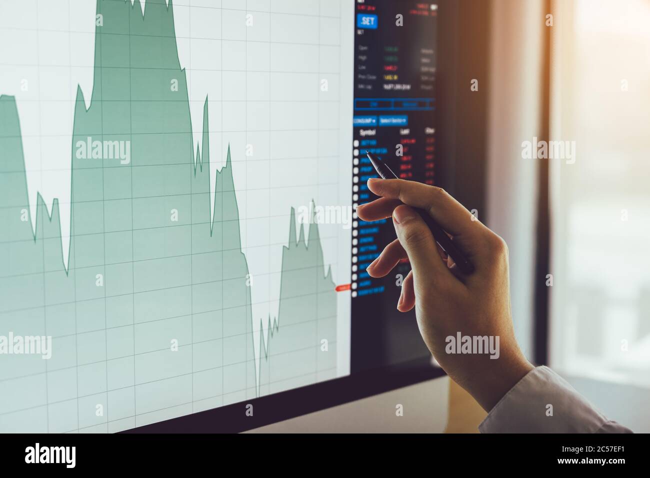 Nahaufnahme der Geschäftsmann Hand zeigt auf Aktienmarkt-Chart und Analyse auf dem Computerbildschirm. Stockfoto
