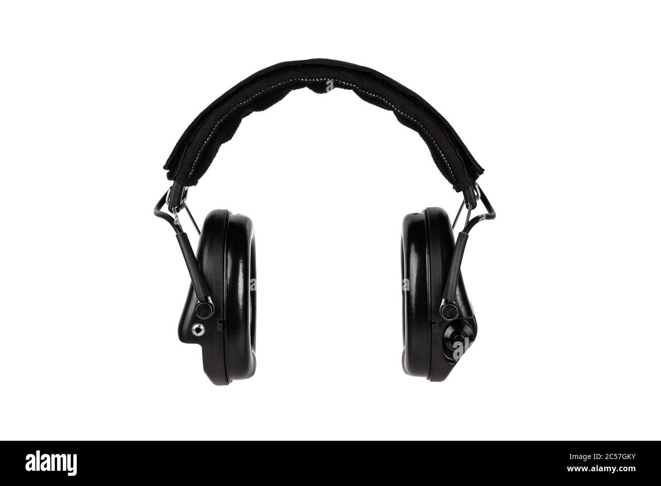 Moderne aktive Schutzohrhörern isolieren auf weißem Hintergrund. Ein Gerät zum Schutz von Ohren und Gehör vor lauten Geräuschen. Kopfhörer für Aufnahmen mit Stockfoto