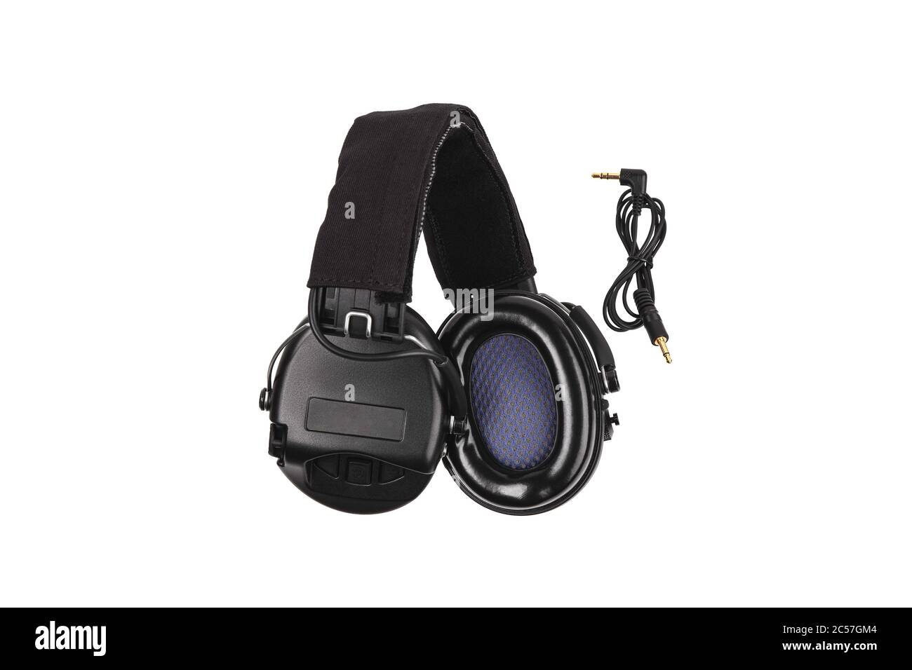 Moderne aktive Schutzohrhörern isolieren auf weißem Hintergrund. Ein Gerät zum Schutz von Ohren und Gehör vor lauten Geräuschen. Kopfhörer für Aufnahmen mit Stockfoto