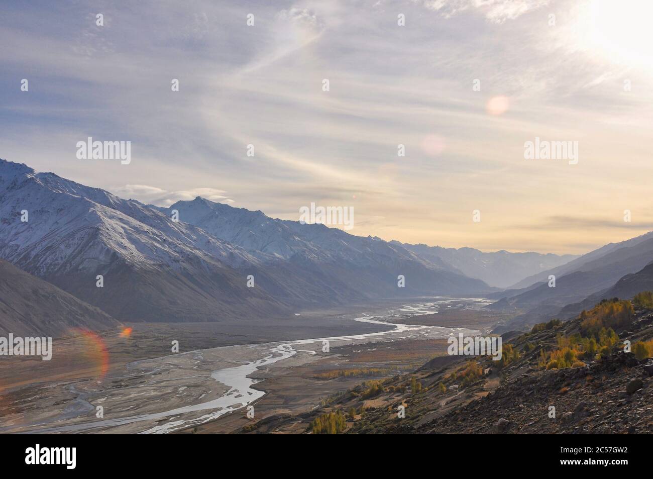 Sonnenuntergang im Wachan-Tal zwischen Tadschikistan und Afghanistan Stockfoto