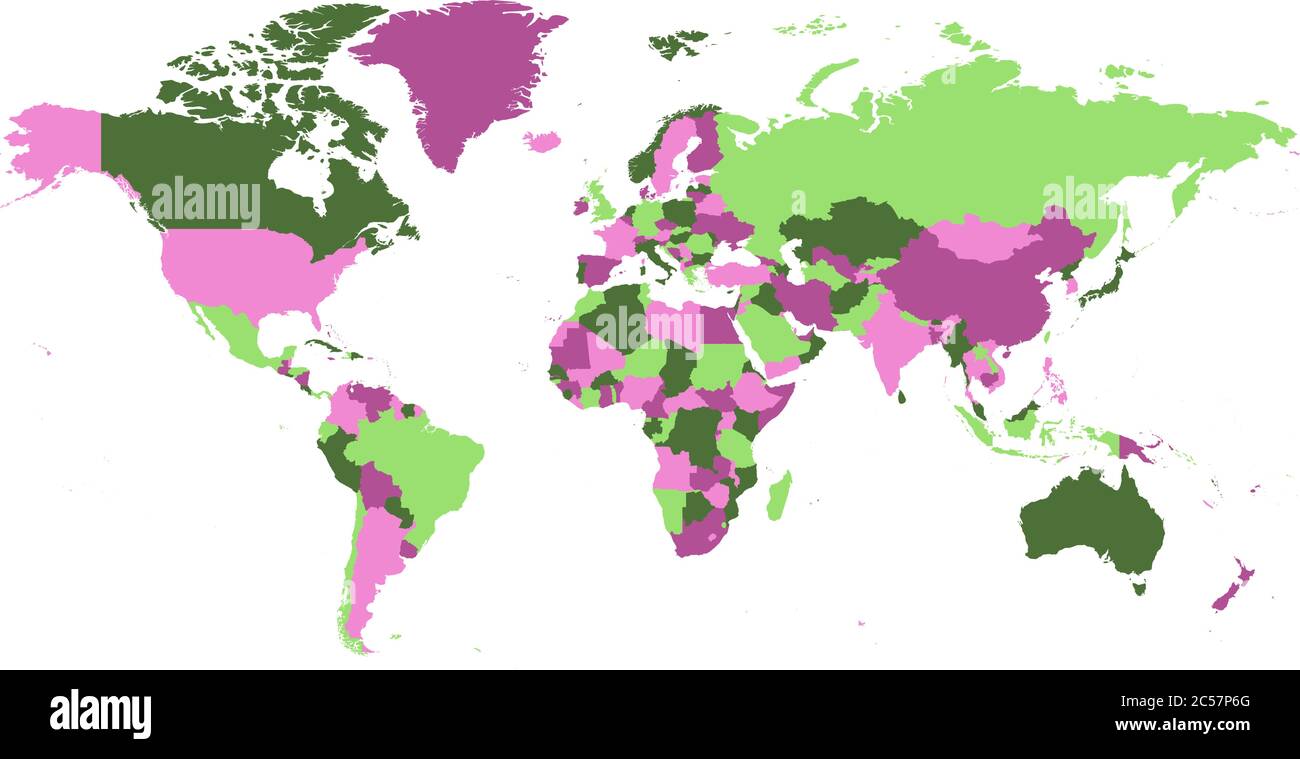Politische Weltkarte. Länder in vier verschiedenen violetten und grünen Farben ohne Grenzen auf weißem Hintergrund. Leere Vektorgrafik mit hoher Detailtiefe. Stock Vektor